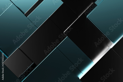 Dark geometric metallic block background with teal neon edges for modern abstract banner and tech poster design .3d render
