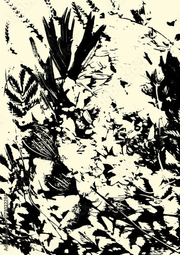 Abstract floral grunge texture background with vintage botanical pattern in monochrome and earthy tones
