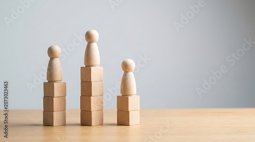 Wooden peg dolls standing on stacked blocks representing corporate hierarchy business growth career development leadership and success concept