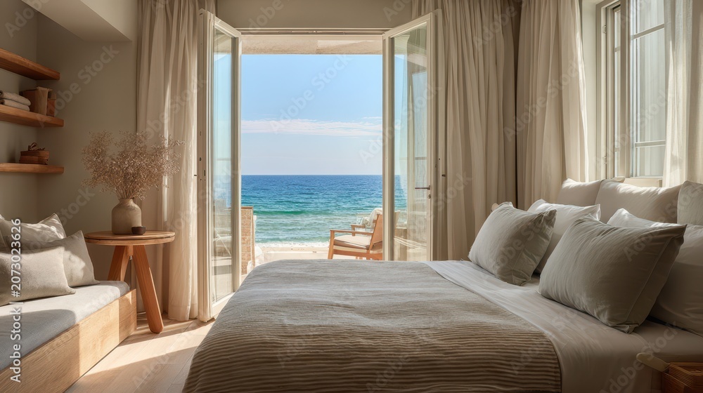 Fototapeta premium Calm coastal hotel room: neutral tones, natural wood, and expansive ocean view from glass doors