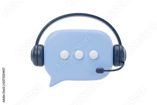 3d render of a light blue speech bubble with three white dots and dark blue headphones with a microphone on a white background
