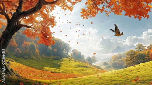 A solitary bird soars through a vibrant autumn landscape with rolling hills and falling leaves