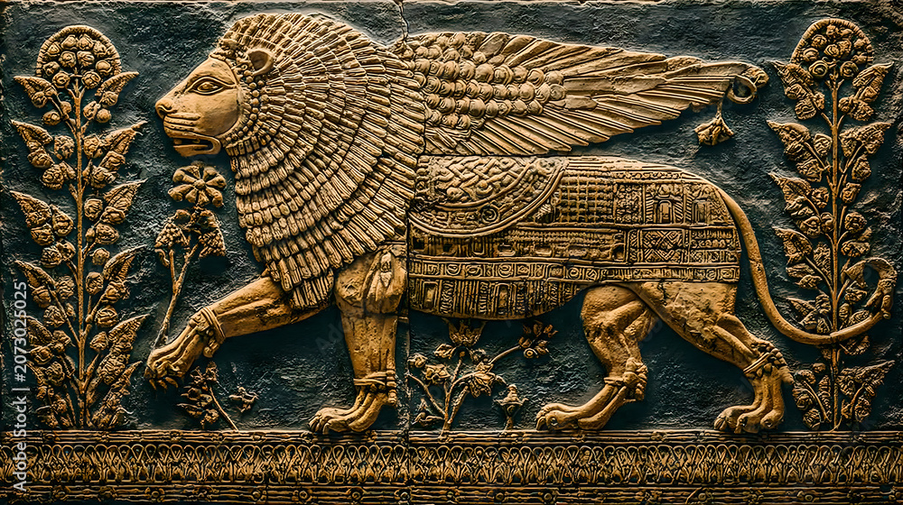 Fototapeta premium ishtar. Glazed brick relief of a lion against lapis lazuli blue background with gold accents, intricate patterns. event programs.