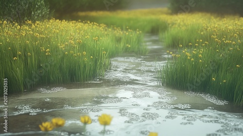 A tranquil shallow stream flows through a lush green grassland dotted with small yellow wildflowers during a soft spring
