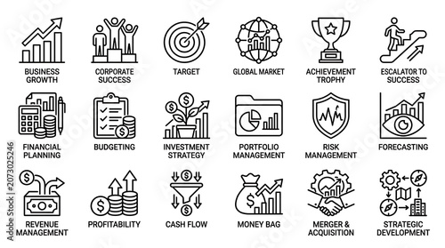 Icons represent various business growth concepts including financial planning, market analysis, and corporate success strategies.