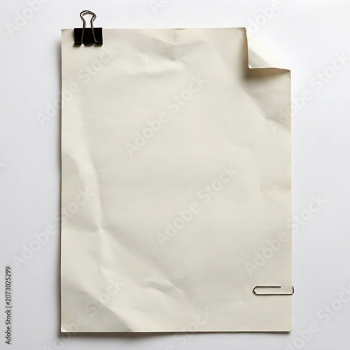 Blank piece of paper with a black binder clip on a white surface  empty sheet of paper with paperclip