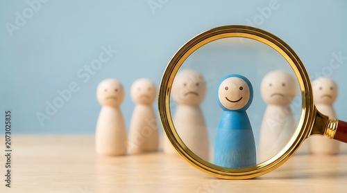 Magnifying glass focusing on a unique smiling blue wooden figure standing out from a crowd of sad plain figures for HR talent search concept