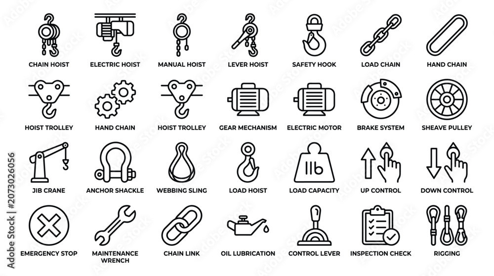 Fototapeta premium Industrial lifting and hoisting equipment icons for construction app ui, outline vector symbols