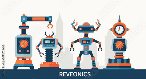 Foto Four robots with orange and blue color scheme on white background