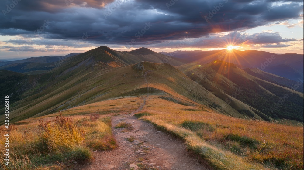 Naklejka premium Scenic mountain trekking path at summer sunset with sunlight shining through colorful clouds, breathtaking landscape, wilderness adventure, hiking trail, nature travel and outdoor exploration