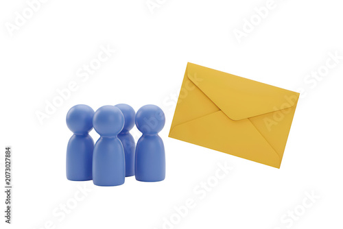A group of four small blue wooden peg dolls standing next to a large yellow envelope, representing communication on a white background isolated