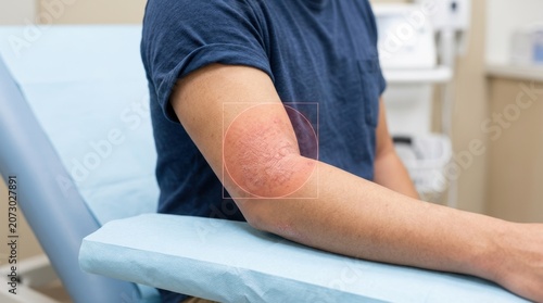 Close-up of a person's elbow showing a red, scaly skin condition with a highlighted area