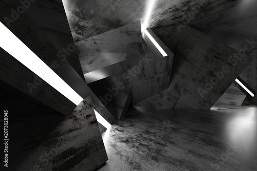 Photos Brutalist concrete interior with angular forms and linear light slits for dramatic architectural background and exhibition space