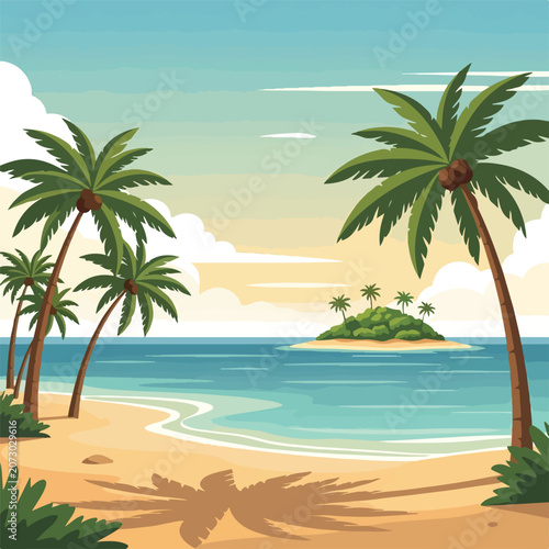 Tableau sur toile A serene beach scene with palm trees and a small island