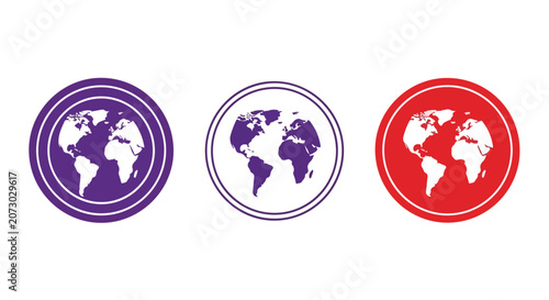 Set of colorful globe icons in purple, white, and red circles for global concepts
