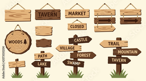 Various wooden signs point directions at trail