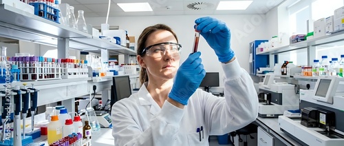 Female scientist in white lab coat and blue gloves examining test tube in modern laboratory with equipment and supplies. For research, healthcare, and scientific publications.
