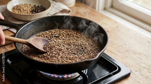 Cumin seeds toasting in a cast iron skillet over a gas stove flame. Wooden spoon stirring hot spices with rising smoke. Rustic kitchen cooking preparation