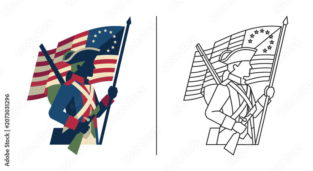 Fototapeta premium Revolutionary War Soldier Holding Colonial Flag