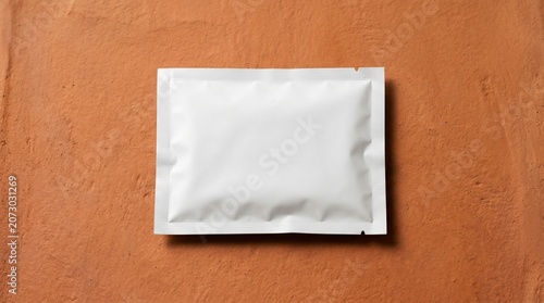 A white small packet is placed on a brown surface in close-up view.