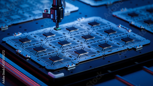 Close-up of Silicon Dies Attached to Substrate on During Computer Chip Manufacturing at a Fab. Microchip Production and Packaging Process at a Semiconductor Factory.