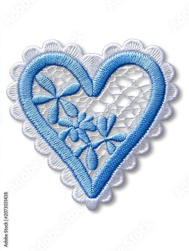 Blue embroidered heart patch with floral design and lace border, featuring intricate stitching and delicate details suitable for clothing or craft projects