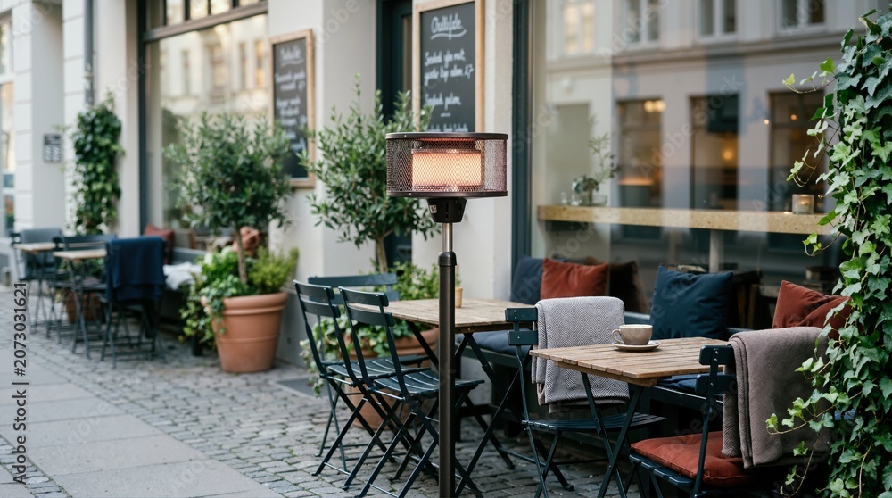 Fototapeta premium Glowing patio heater at an outdoor cafe seating area. Empty tables and chairs on a cobblestone street with a coffee cup. Urban restaurant terrace