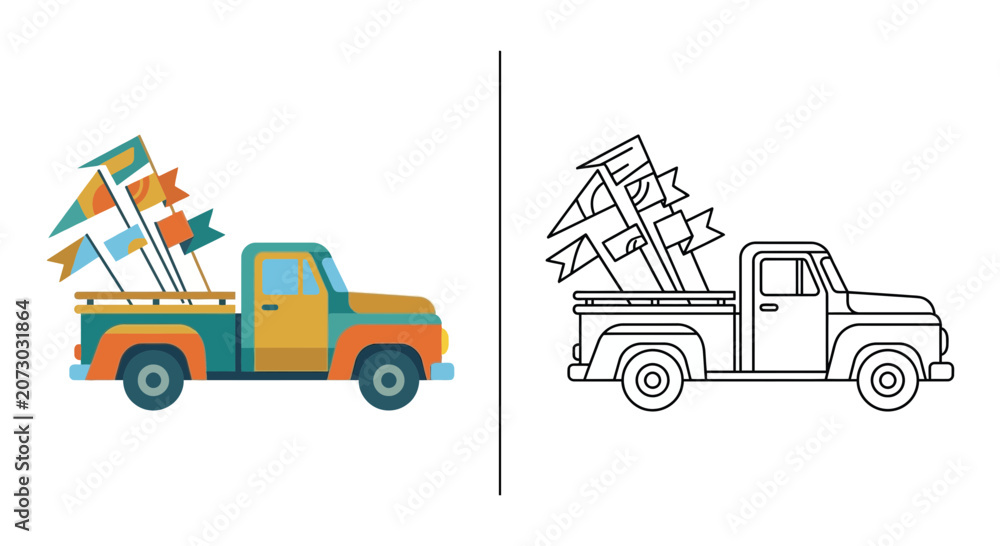 Fototapeta premium Vintage Pickup Truck with Colorful Flags and Outline Version
