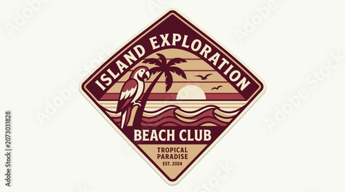 A serene beach club logo features palm trees and waves at sunset on a tropical island.