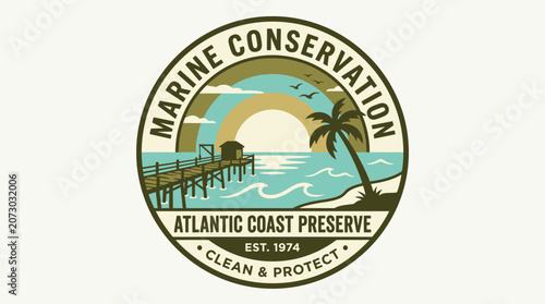 Sunset over a tropical beach with a pier and palm tree near a marine conservation logo