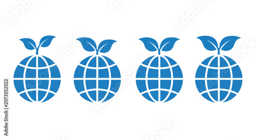 Blue globe icons with leaves on white background, symbolizing eco friendly earth