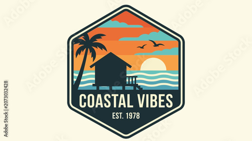 A serene beach scene with a hut, palm tree, and sunset over the ocean horizon.