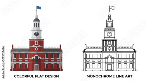 Foto Colorful Flat Design vs Monochrome Line Art of Historical Building with Clock To