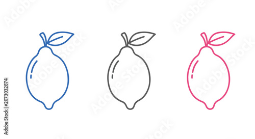 Colorful line art illustrations of lemons with leaves on a white background