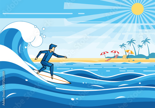 Bild auf Leinwand A man in blue wetsuit surfing on a wave