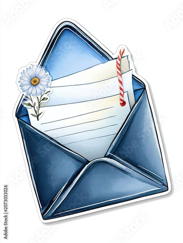 Blue envelope illustration with a white flower and lined paper inside, featuring a red and white striped candy cane, suitable for greeting cards or stationery designs
