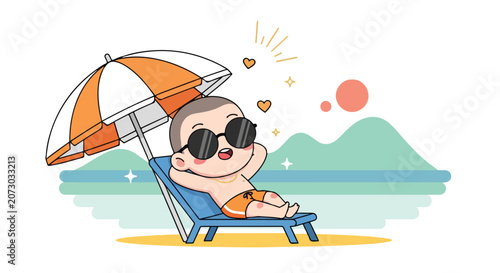 Cartoon baby in sunglasses relaxing on a beach chair under an umbrella by the sea