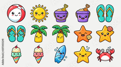 Cute summer vacation icons set