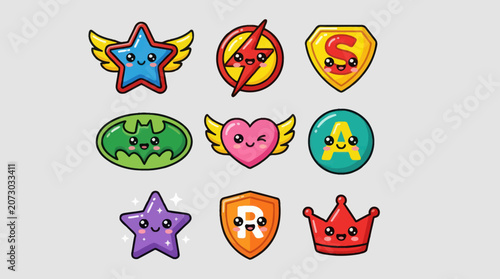 Cute superhero emblems icons set