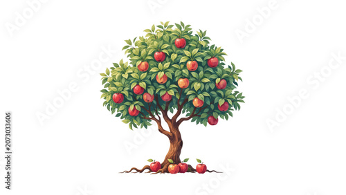 Colorful cartoon tree with red fruits and falling leaves in autumn style Vector