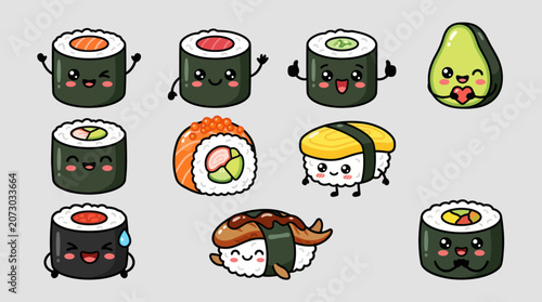 Cute sushi and avocado characters