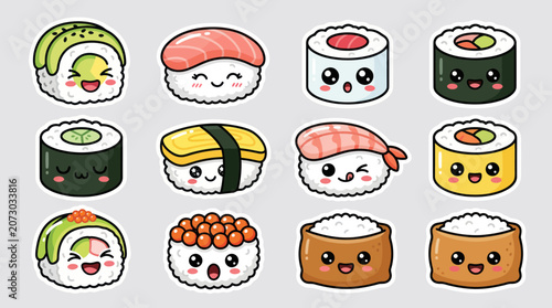 Cute sushi characters and rolls