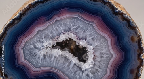 Polished blue and purple agate geode crystal slice.