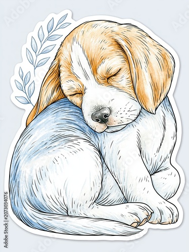 Illustration of a sleeping beagle puppy with a white and brown coat, curled up with eyes closed, surrounded by green leaves on a light background