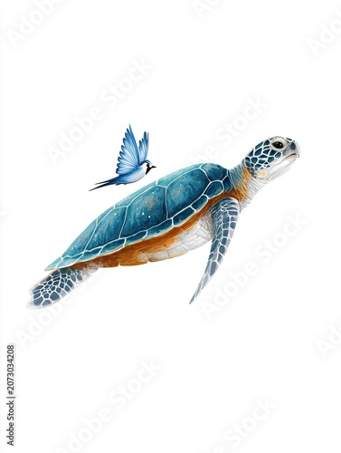 Illustration of a sea turtle swimming gracefully with a small blue bird flying above, showcasing vibrant colors and detailed textures against a white background