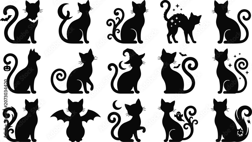 Obraz premium Black cat silhouette collection with glowing eyes. Each feline shown in various sitting and lying positions. Ideal for Halloween or spooky designs