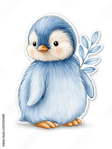 Cute cartoon illustration of a fluffy blue penguin character holding a green leaf, designed for children's books or playful graphics