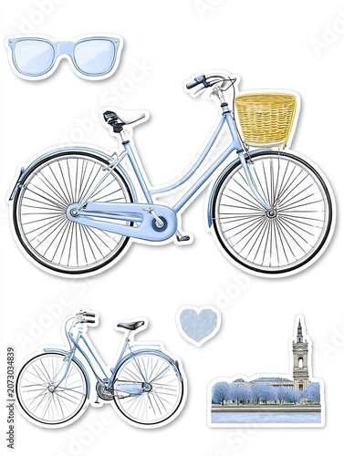 Light blue bicycle with a wicker basket, accompanied by sunglasses and illustrated elements of a heart and a tower, arranged in a flat lay composition