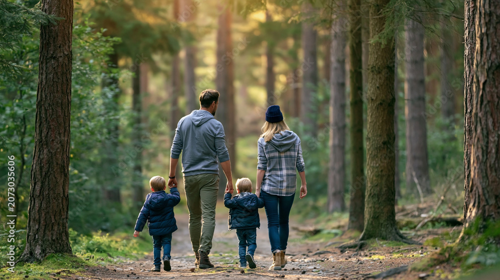 Fototapeta premium Family walking hand in hand on a forest path, parents and young children exploring nature together on a sunny day