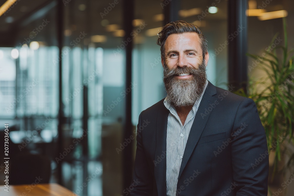 Fototapeta premium Confident bearded male business leader headshot in a modern office